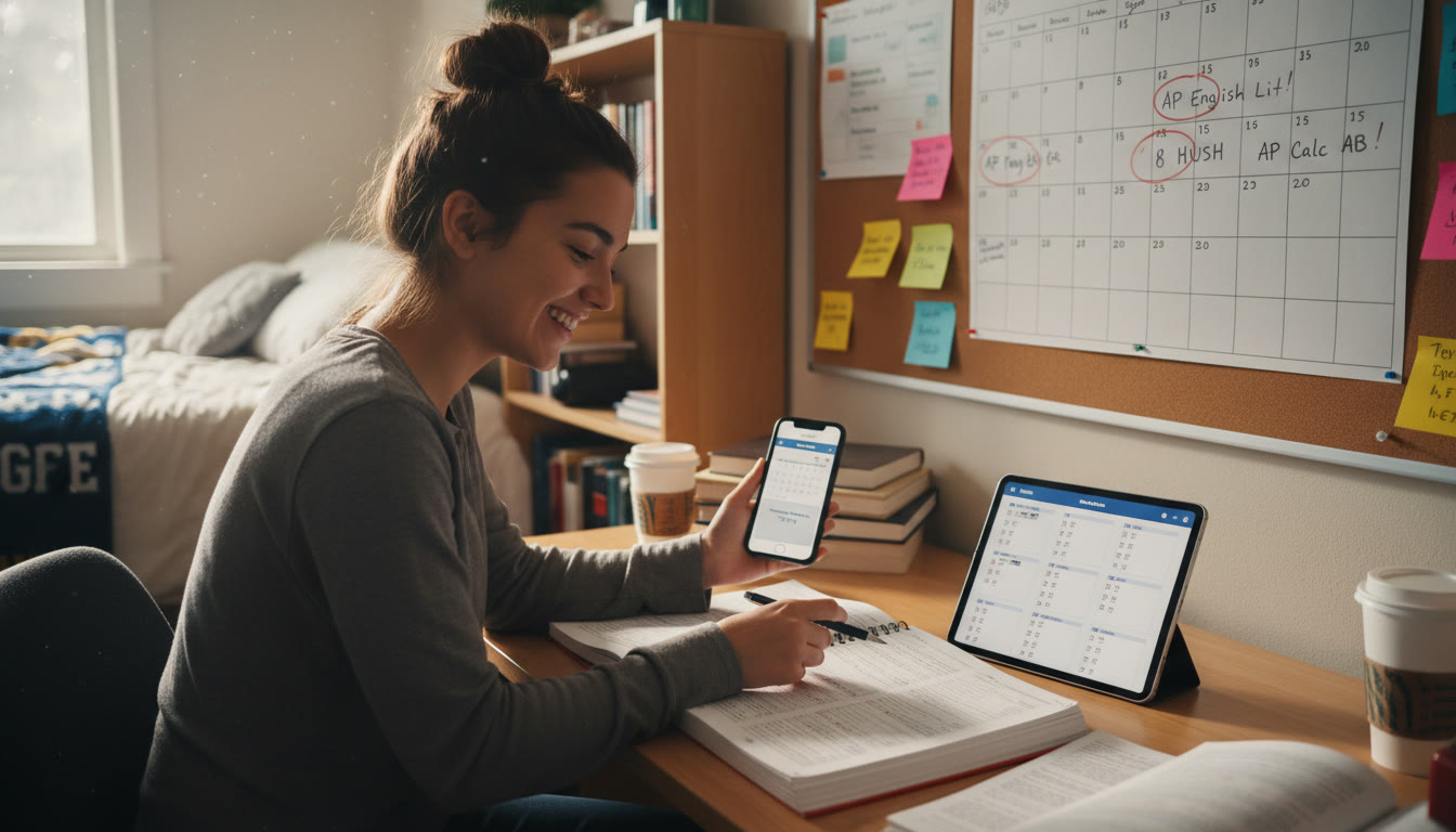 Photo Idea : A close-up image of a student happily reviewing AP practice problems at a desk in a dorm room, with a calendar marked with AP dates and a phone notification showing a tutoring session reminder — illustrates focused preparation and supportive structure.