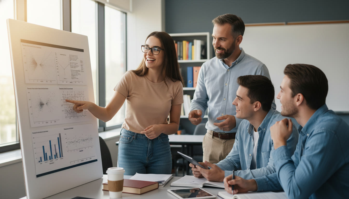 Photo Idea : A student presenting a poster with multiple graphs to a small group, pointing at a residual plot; implies synthesis, communication, and deeper engagement with data.