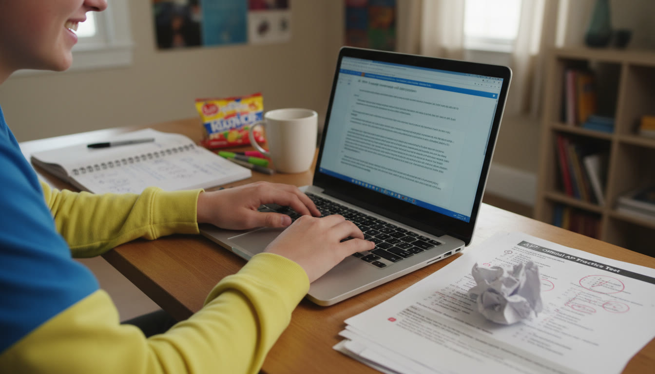 Photo Idea : A close-up of a teenager's hands typing an exam-style essay on a laptop with a notebook and a printed practice test nearby—shows active test practice.