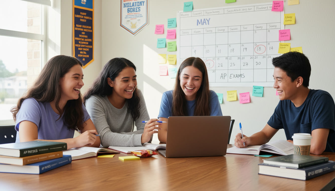 Photo Idea : A bright, candid photo of a small study group of high school students around a table with notebooks and a laptop, smiling, with a calendar and sticky notes visible — conveys planning and collaboration in Grades 10–11.