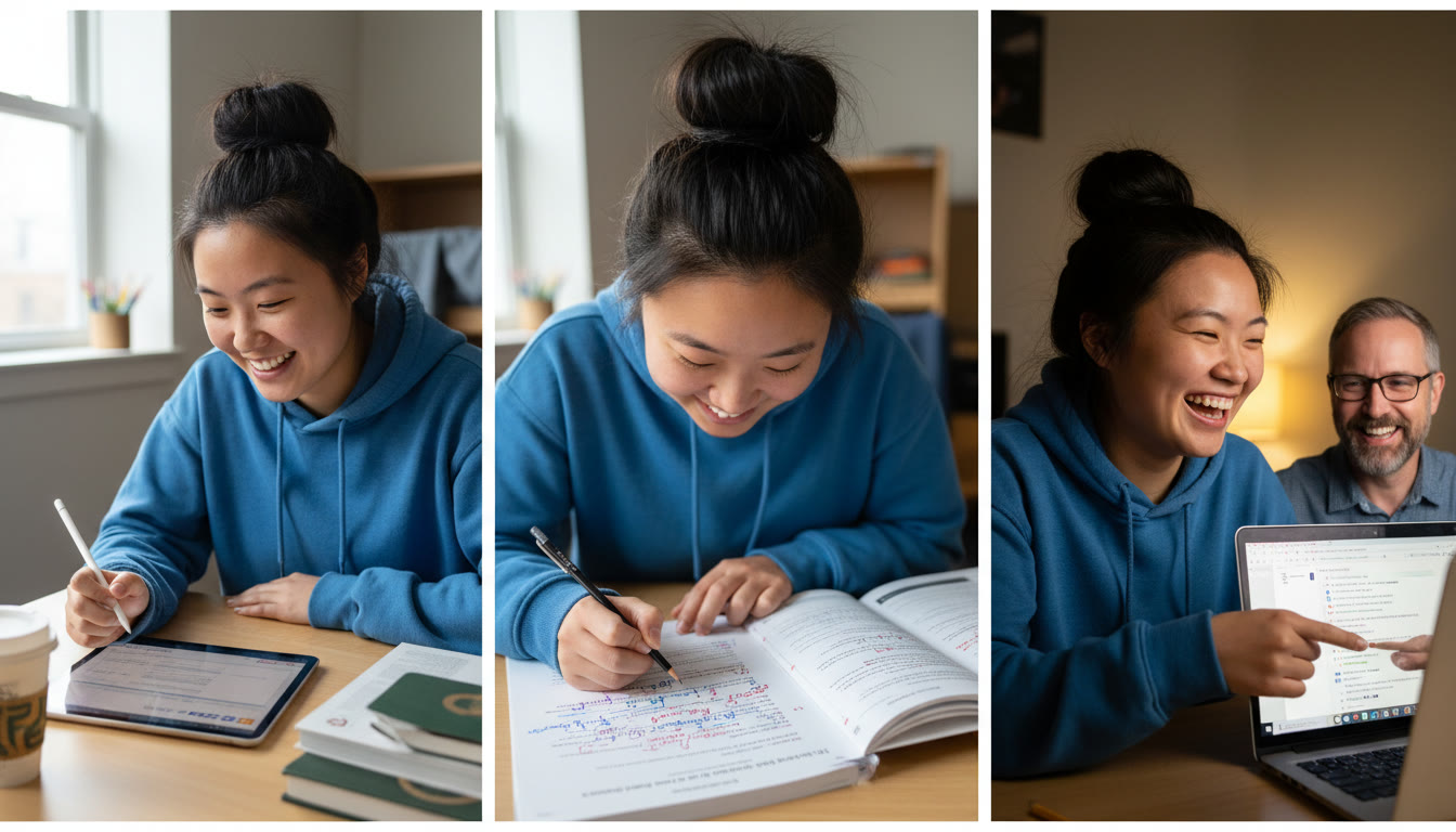 Photo Idea : A short series of photos or a composite image showing a student checking a rubric, annotating a passage, and then discussing feedback with a tutor online — illustrating the full practice-to-feedback loop.