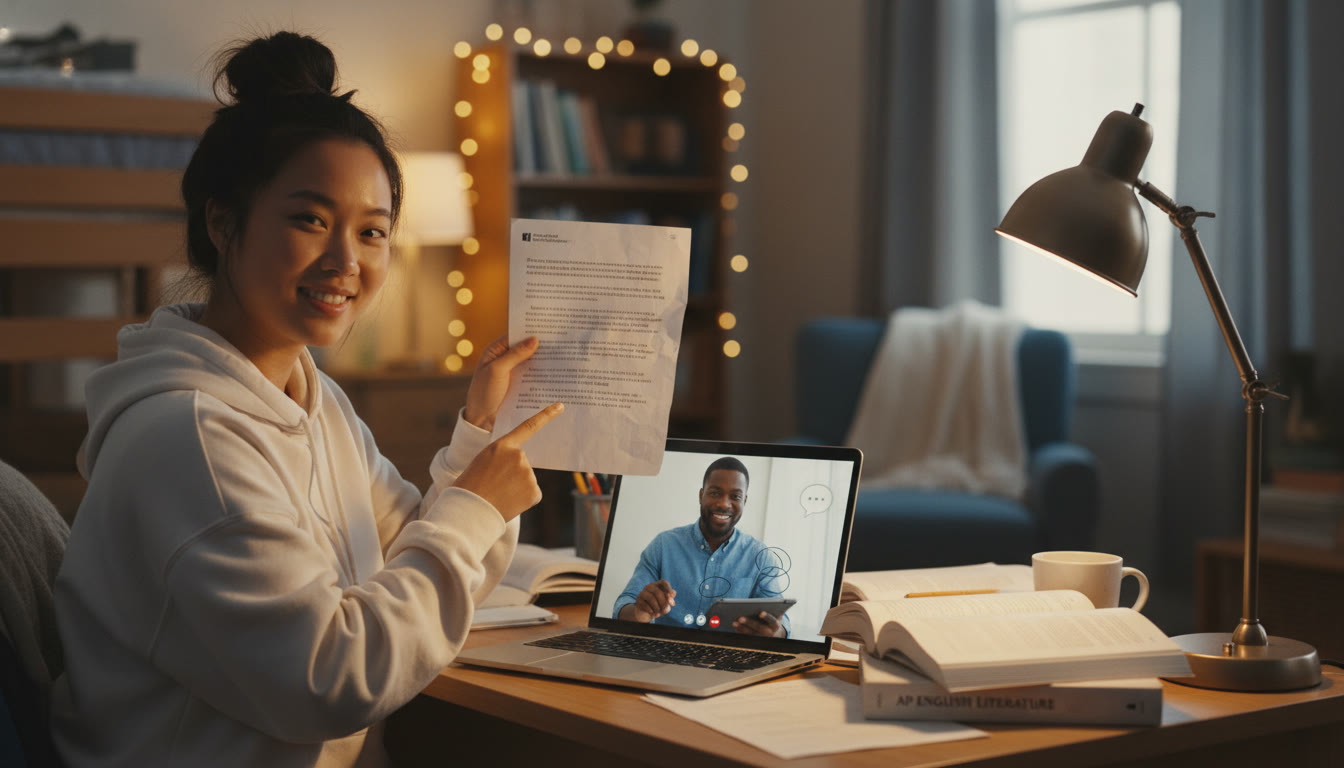 Photo Idea : A cozy study scene: a student and a Sparkl tutor on a video call, the student pointing to a paragraph on paper while the tutor highlights strategy on a tablet this illustrates personalized feedback and tailored study.
