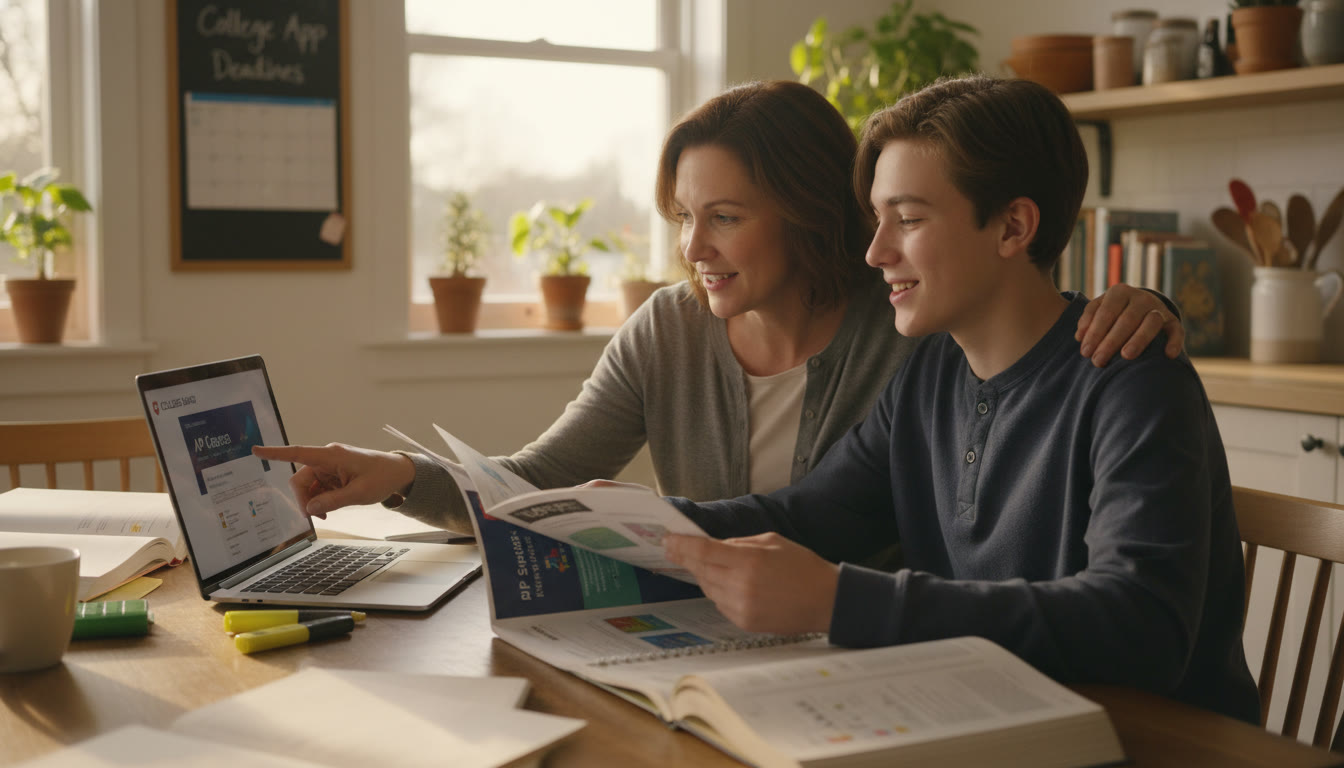 Photo Idea : A warm, candid photo of a parent and teen at a kitchen table, papers and a laptop open, planning AP courses and college goals—expresses partnership and calm determination.