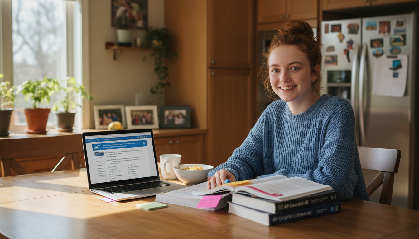 Photo Idea : A bright, welcoming photo of a Canadian high school student studying at a kitchen table with AP textbooks and a laptop open to an online SAT practice test. Natural light, cozy but focused atmosphere.