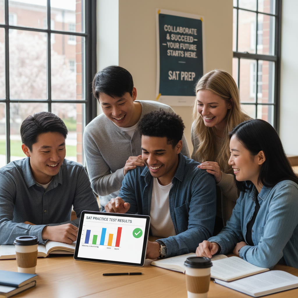 Photo Idea : A small study group of international students reviewing practice test results on a tablet, illustrating collaboration and shared goals.
