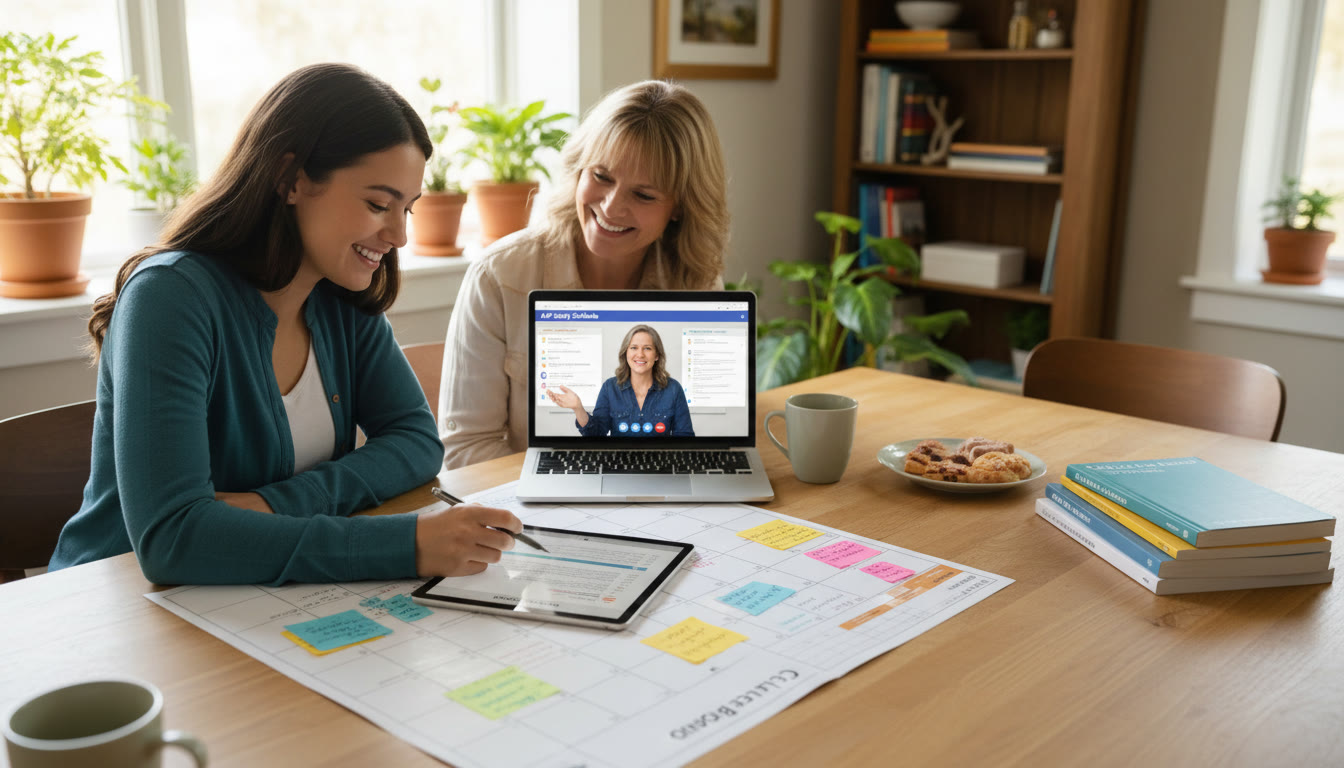 Photo Idea : A calm scene of a student and parent reviewing a shared calendar and study plan at a kitchen table, with a tutor on a laptop screen visible, suggesting collaboration and support.
