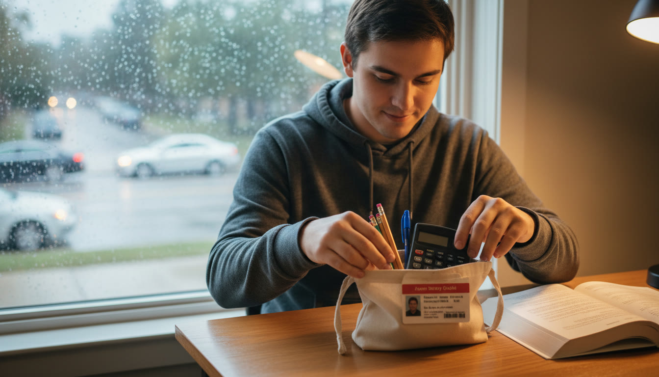 Photo Idea : A student calmly packing a small exam bag—calculator, pencils, ID—near a window looking out at a rainy street. The image conveys preparation and calm despite weather.