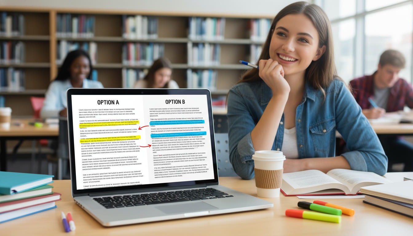 Photo Idea : A split-screen shot of two document drafts on a laptop screen with highlighted differences—one labeled 
