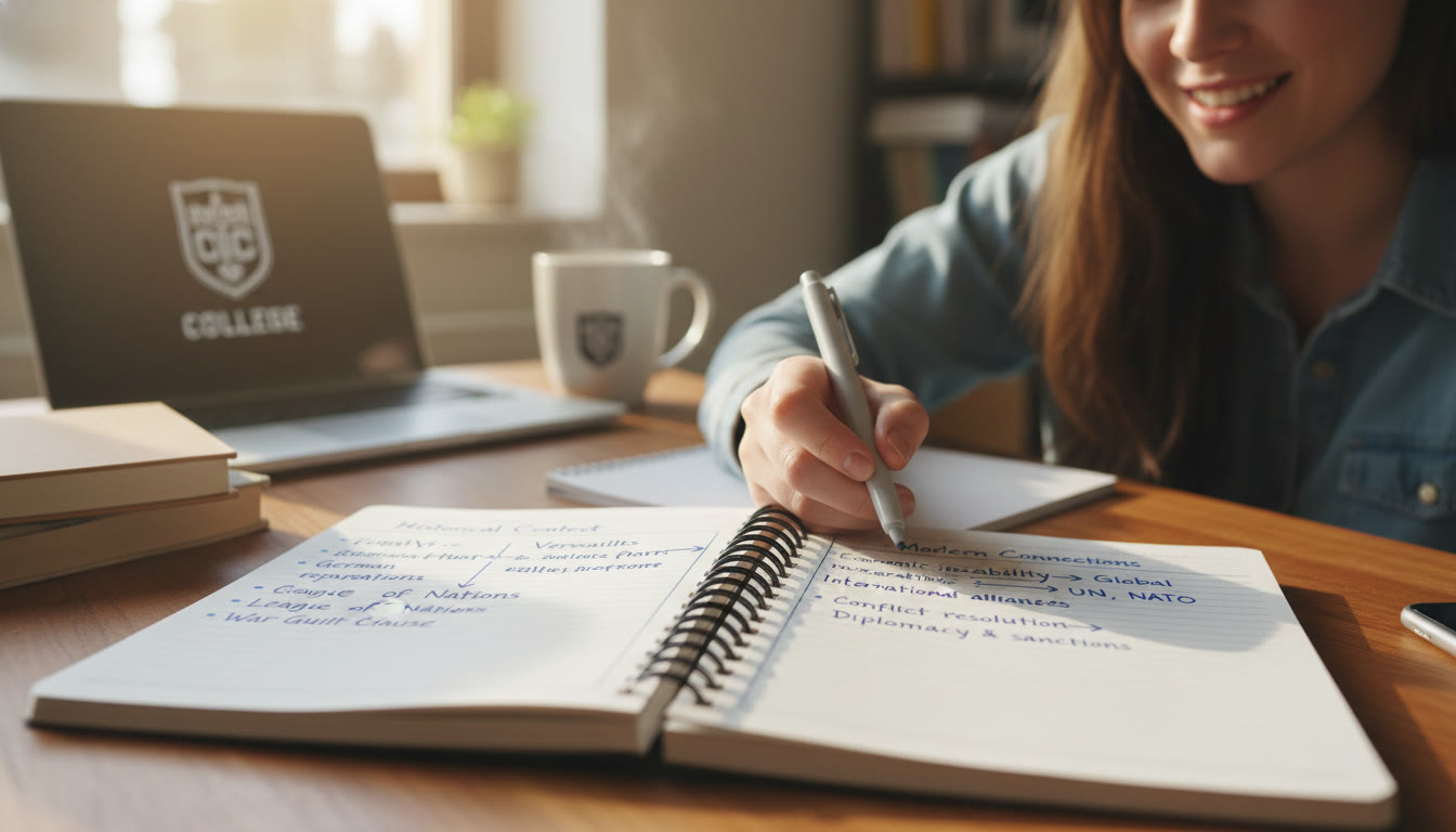 Photo Idea : A close-up of a student’s notebook showing the two-column method, with historical notes on the left and modern connections on the right—demonstrating a practical study strategy.
