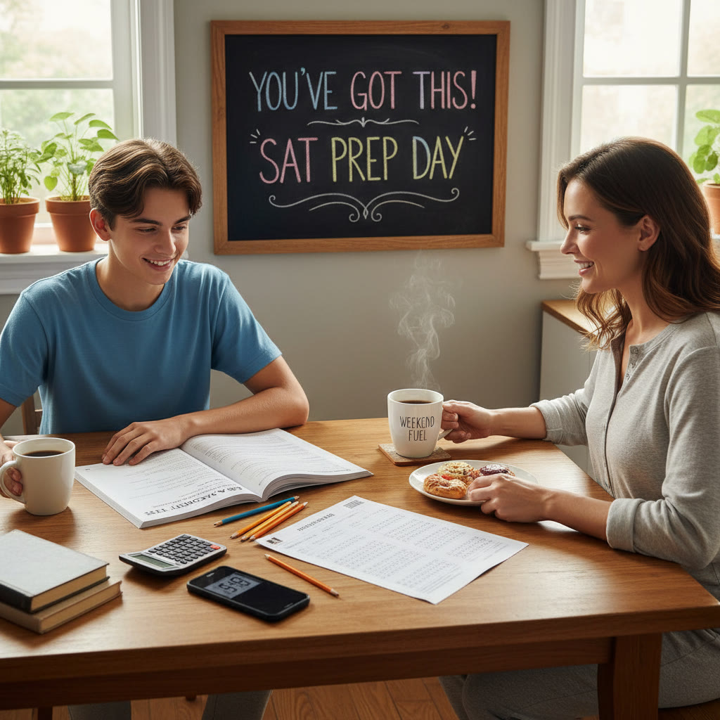 Quiet weekend morning: a student taking a full-length SAT practice test at the kitchen table while a parent brings coffee — shows supportive family involvement without pressure.