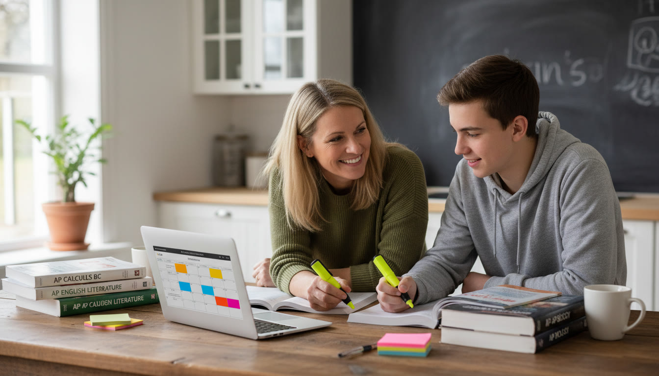 Photo Idea : A warm family scene — parent and teen studying at a kitchen table with AP textbooks, highlighters, and a laptop showing a study plan. Natural light, relaxed atmosphere.