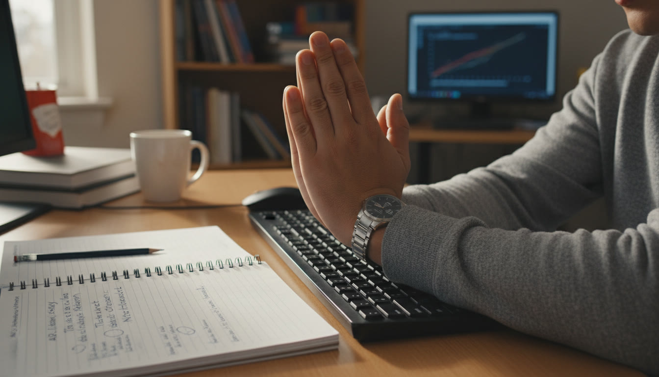 Photo Idea : Close-up of a student's hands doing a prayer stretch over a keyboard, with a notebook showing an AP practice question nearby—emphasizes the connection between small movement and study tasks.