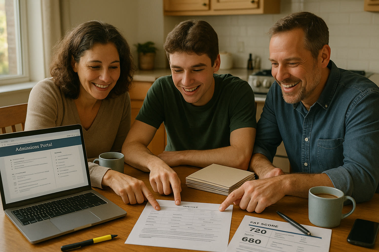Photo Idea : A family at the kitchen table with a stack of application forms, a laptop showing an admissions portal, and a printout of an SAT score report—parents and student pointing at the timeline together, looking optimistic.