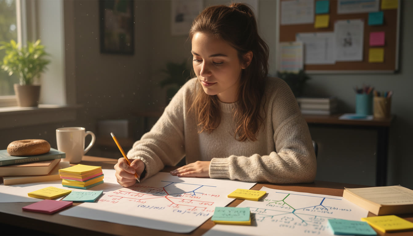 Photo Idea : A student at a desk surrounded by colorful notes and probability tree diagrams on paper — warm morning light, relaxed expression, focused study session.