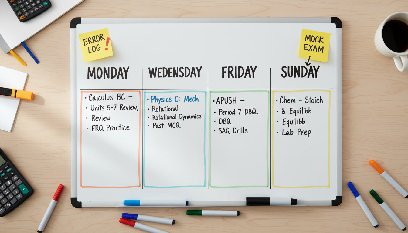Photo Idea : A study whiteboard with a weekly planner drawn out, colored markers, labeled blocks for Monday/Wednesday/Friday/Sunday sessions, and sticky notes highlighting 
