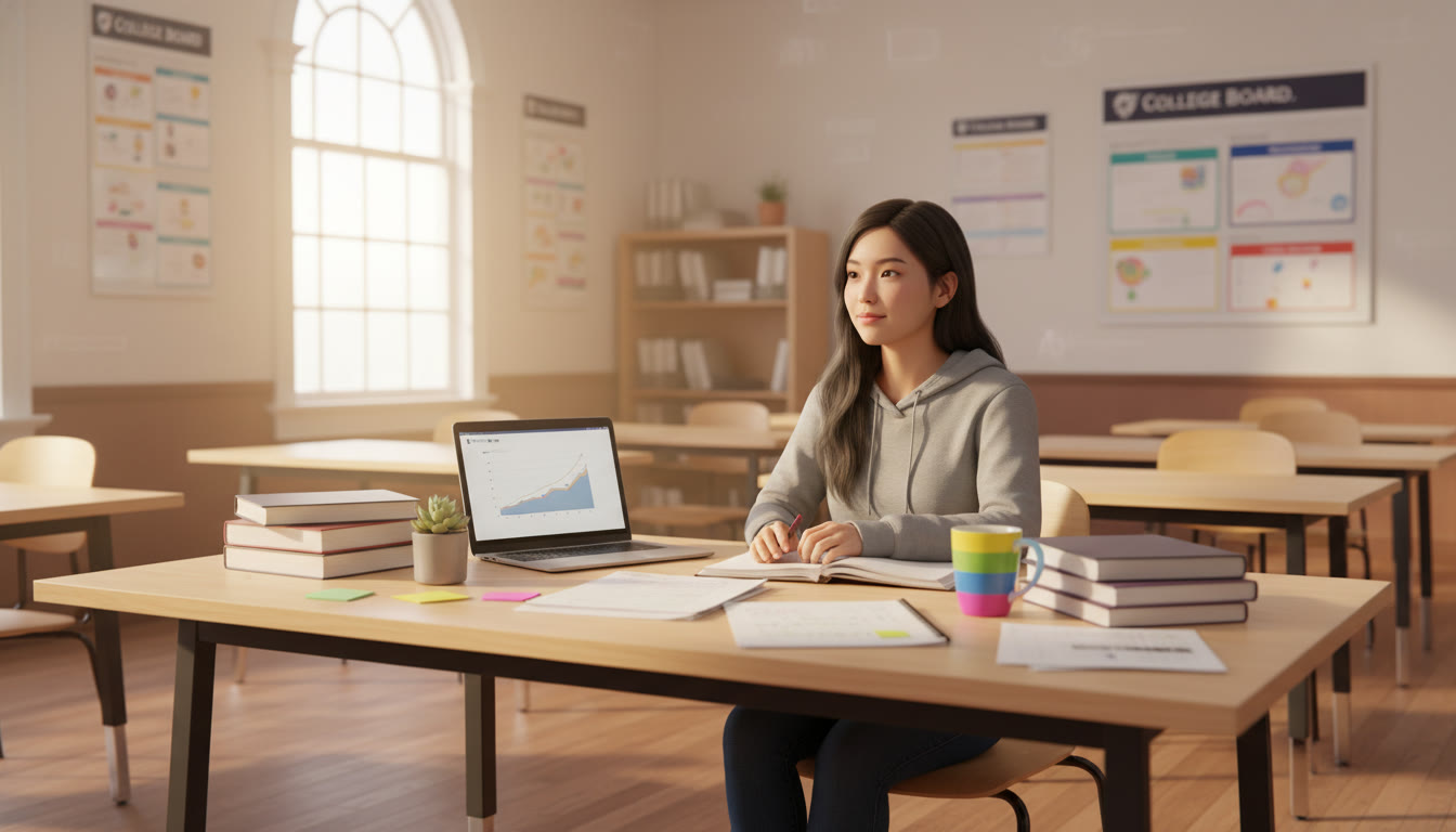 Photo Idea : A calm, sunlit classroom with a single student seated at a spacious desk, studying with a laptop and notes neatly arranged—conveys focus and comfort in a testing space.