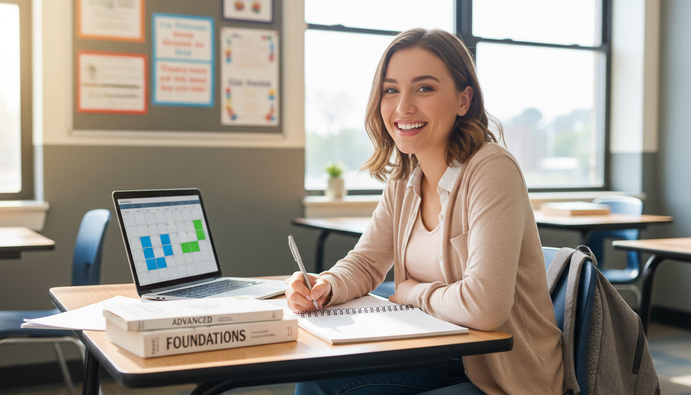 Photo Idea : A confident student sitting at a desk with two open books—one labeled “Foundations” and the other labeled “Advanced”—smiling and taking notes. Natural classroom light, a laptop beside them showing a calendar with study schedule blocks.