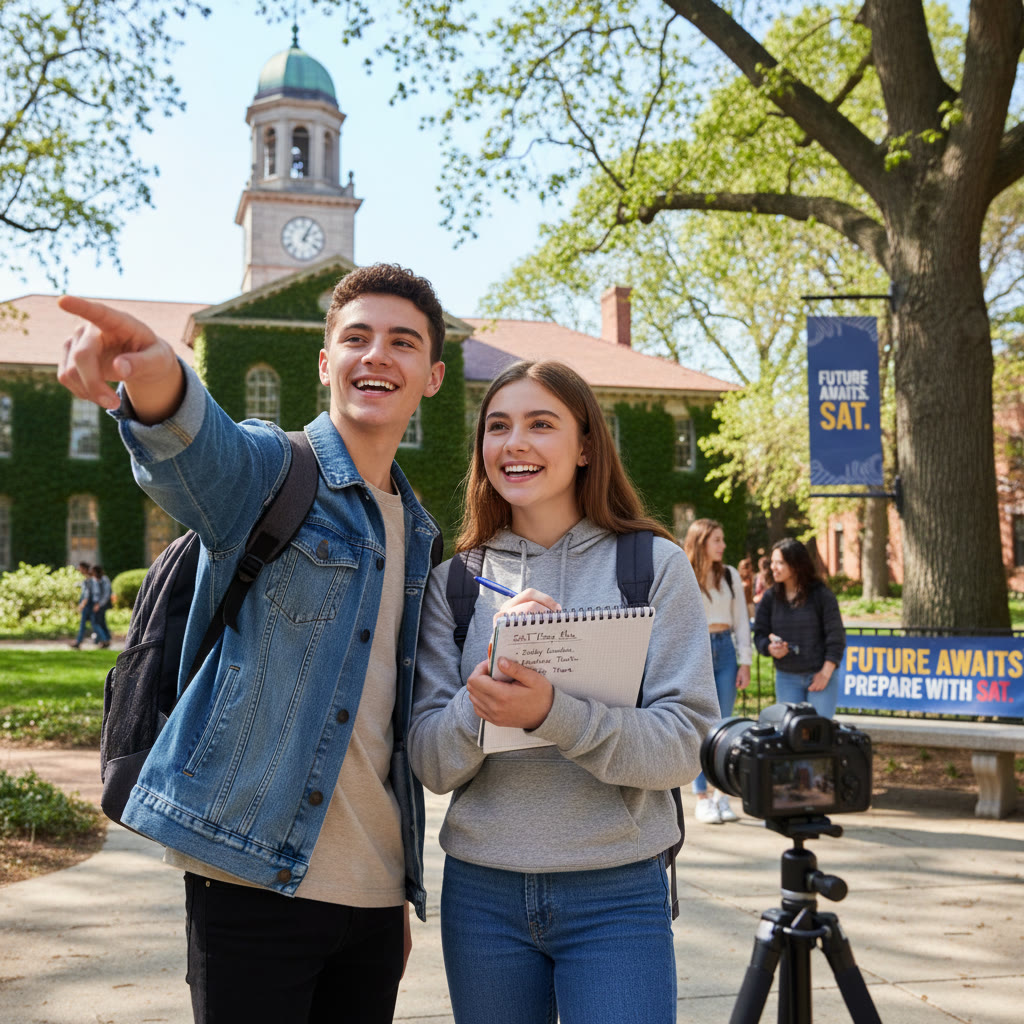 Photo Idea : Two teenagers on a college campus, one pointing toward an iconic building while the other takes notes, capturing aspiration and planning energy.