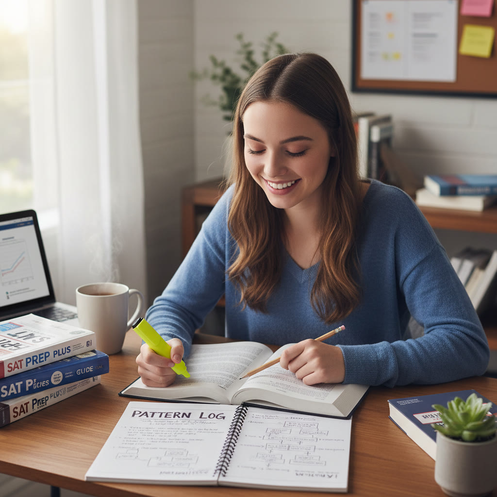 Suggested image: A student at a desk with open SAT prep materials and a notebook labeled