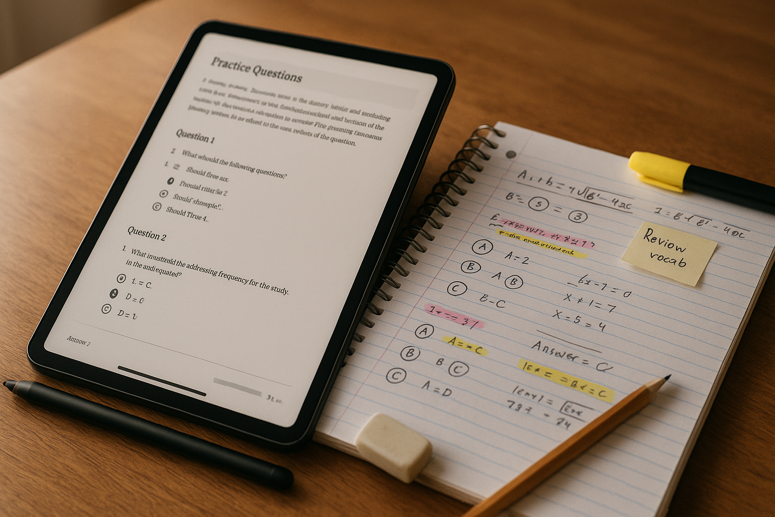 Photo Idea : Close-up of a digital tablet showing practice SAT questions and a student’s annotated notes beside it, conveying focus and modern test prep.