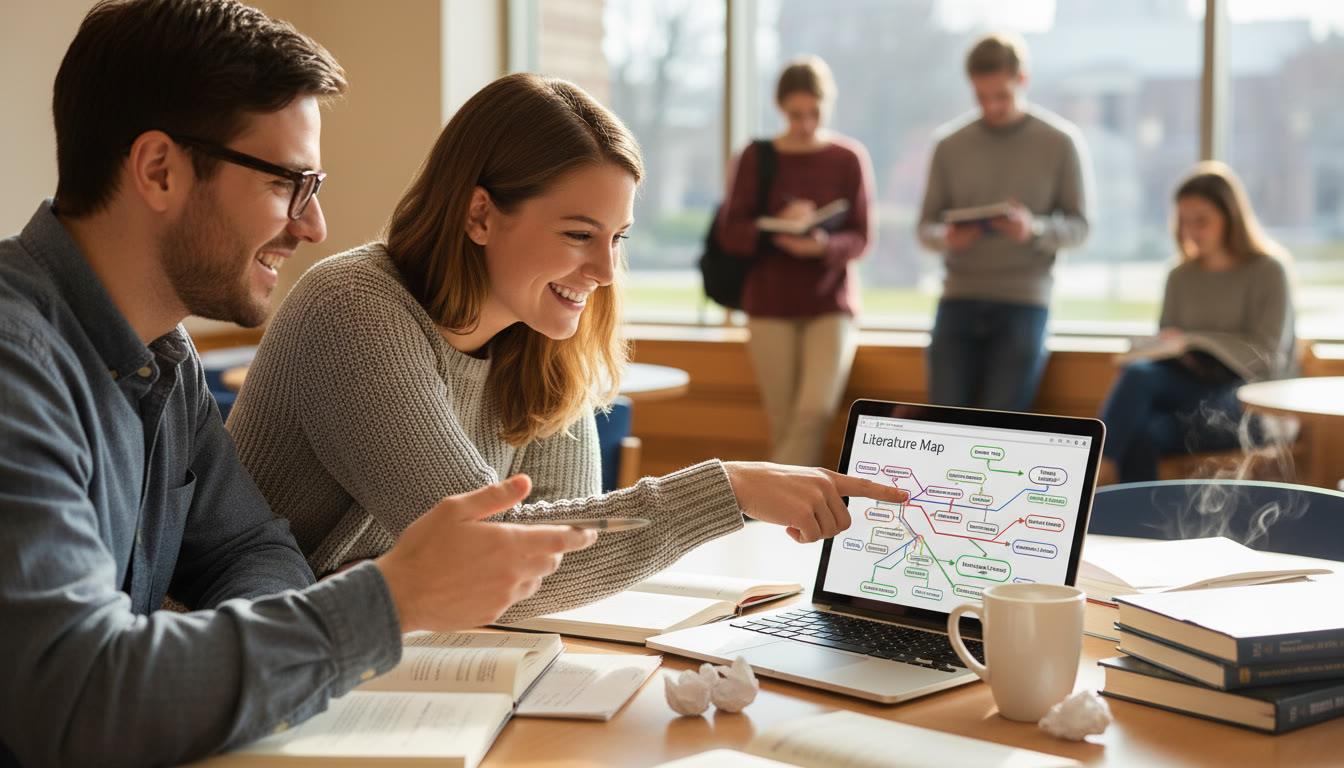Photo Idea : A student meeting with a tutor over a laptop and notes, pointing at a literature map on the screen—illustrating collaborative planning and personalized tutoring support.