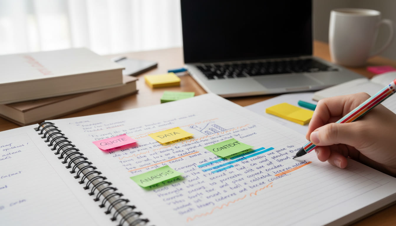 Photo Idea : A close-up photo of a student’s annotated AP practice essay with colorful sticky notes and highlighter marks, showing different evidence types labeled—quotes, data, context, analysis. This image belongs near the top to visually represent variety and control.