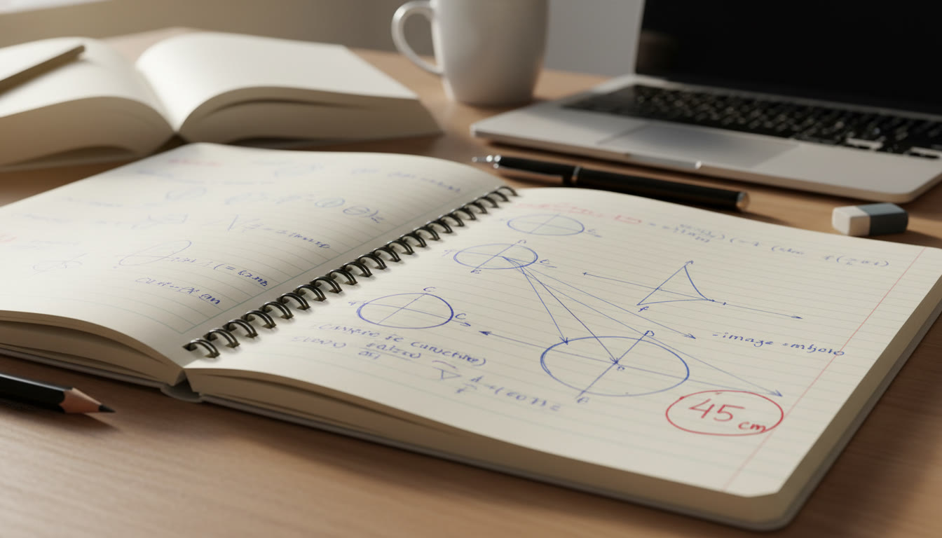 Photo Idea : A close-up of a physics notebook with several small ray diagrams showing lenses and mirrors, annotated focal points, and a circled final answer — ideal near the conclusion to reinforce the practice-and-sketch theme.