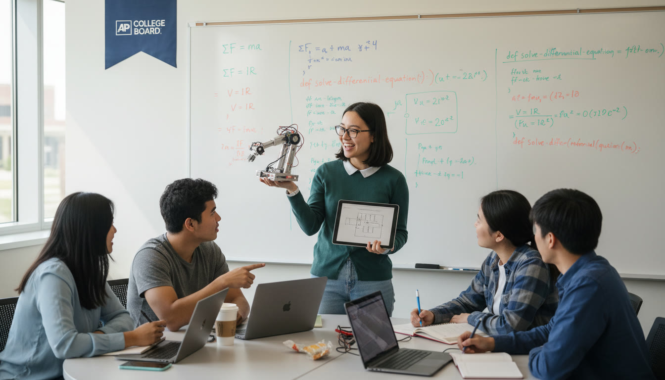 Photo Idea : A student presenting a small engineering project to peers, with a whiteboard of formulas and code in the background — shows communication, collaboration, and applied learning.
