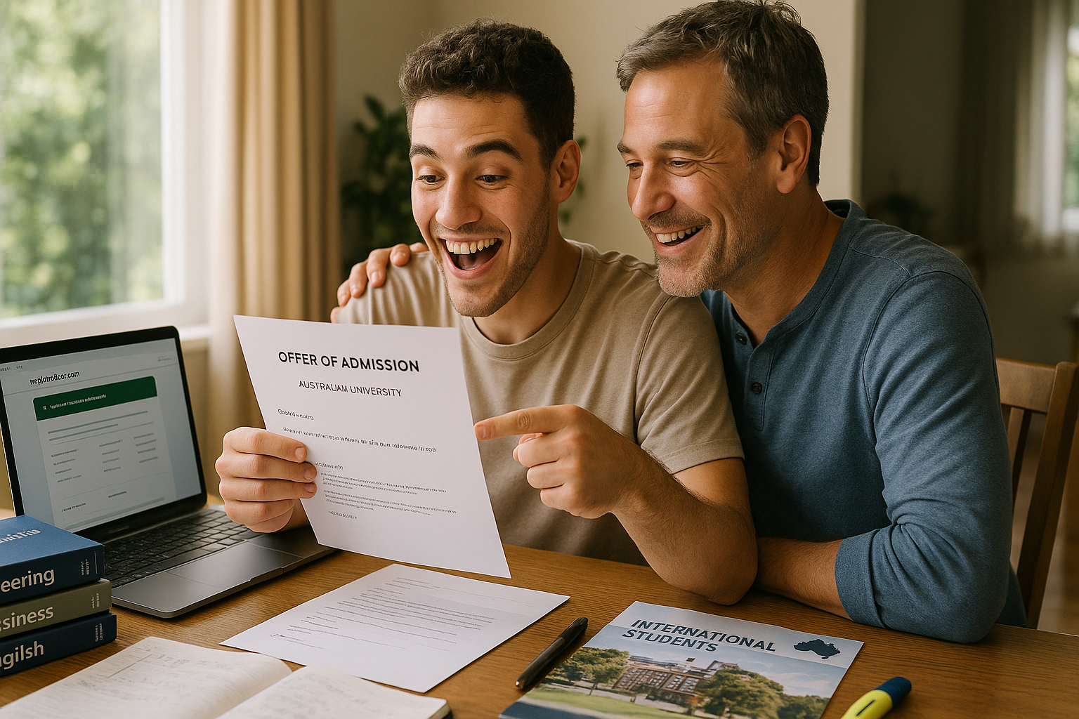 Photo Idea : A happy student and parent looking over an acceptance letter from an Australian university, with a laptop open to the application portal and study materials nearby.