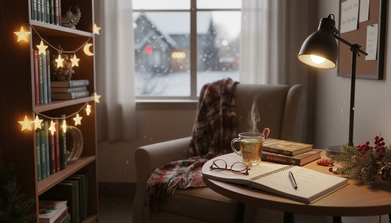 Photo Idea : A cozy study nook decorated for a holiday—soft light, textbooks, a notebook with a pen, and a cup of tea. Caption idea: