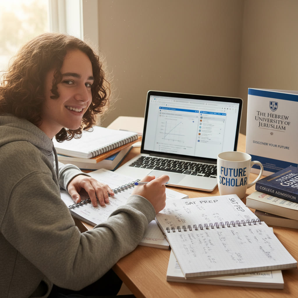 Photo Idea : A candid photo of a high school student studying with a laptop and notes, a Hebrew University brochure nearby — conveys ambition and research.