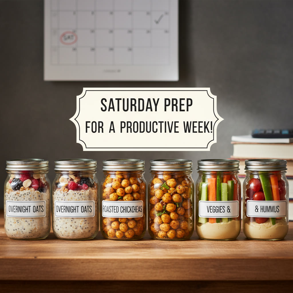 Photo idea: Mason jars lined up with prepped snacks—overnight oats, roasted chickpeas, and chopped vegetables—showing weekly prep and organization.