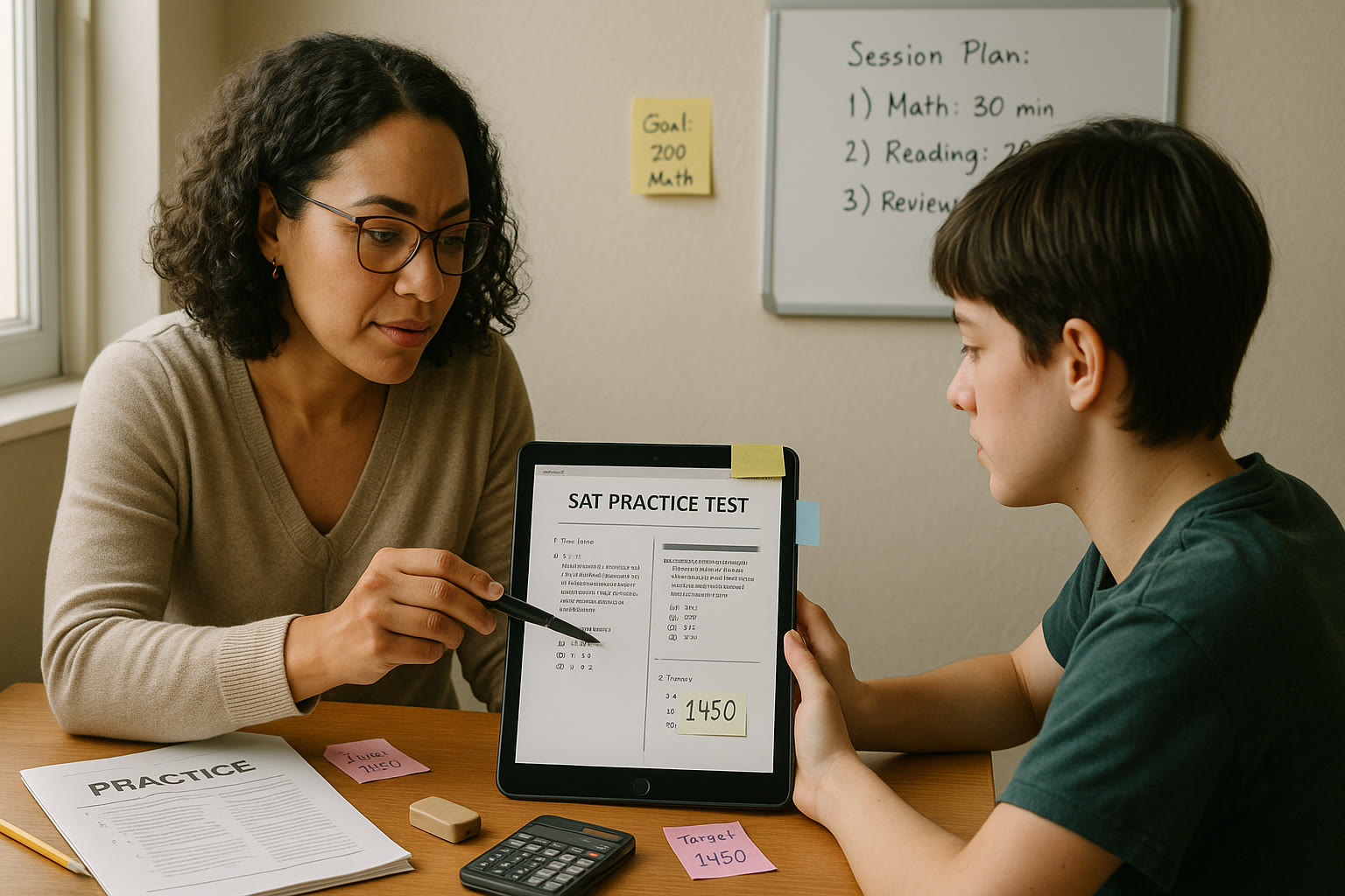 Photo Idea : A tutor and student reviewing an SAT practice test on a tablet, with sticky notes showing target score goals and a small whiteboard listing session plans.