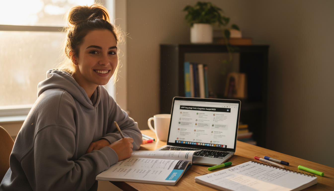 Photo Idea : A calm study scene — a teen at a desk with an open AP practice booklet, a laptop showing sample MCQs, and a notebook with handwritten FRQ outlines. The shot should feel warm and focused, not clinical.