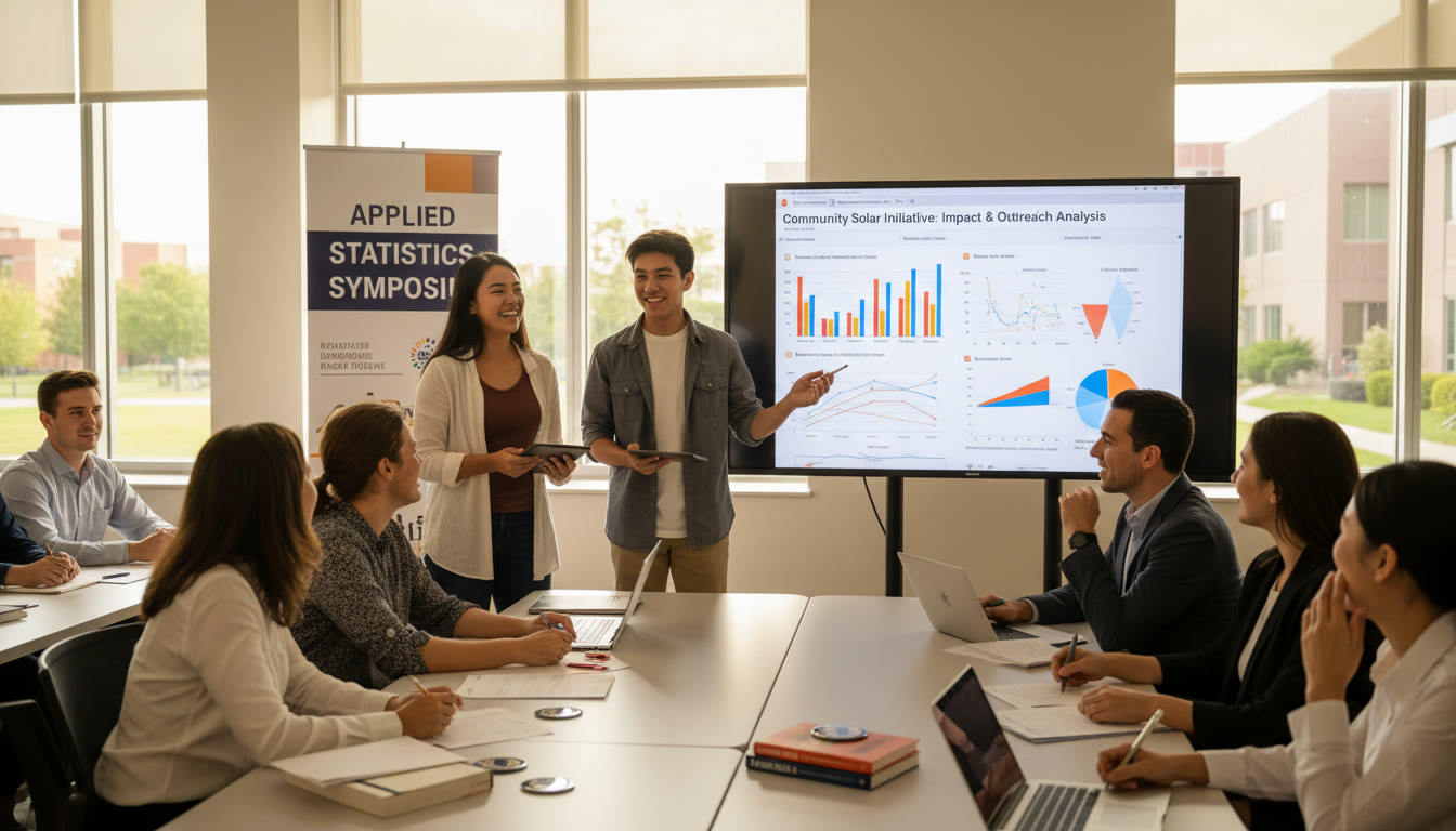 Photo Idea : A warm photo of a small group of students presenting a data project to a panel—shows collaboration, applied stats, and the kind of extracurricular evidence that pairs well with AP coursework. Place mid-article near the sections on projects and scholarships.