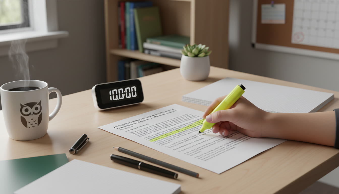Photo Idea : A tidy desk with a timer, an AP Lang prompt printed on paper, and a highlighter marking rhetorical devices. This visual should appear near the introduction to illustrate exam-day readiness.