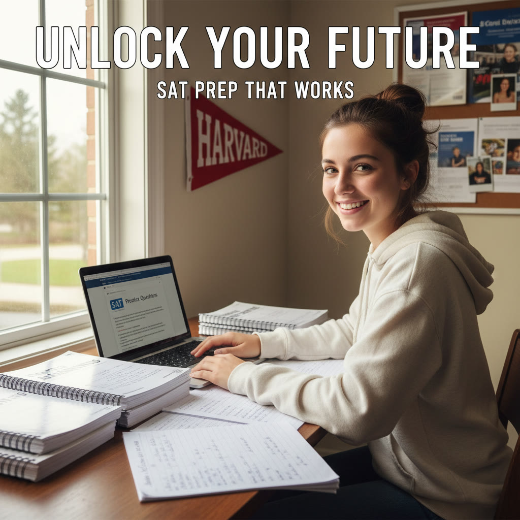Photo Idea : A warm photo of a high school student studying at a desk with a laptop and printed practice tests, a college pennant casually in the background — natural light, focused expression.