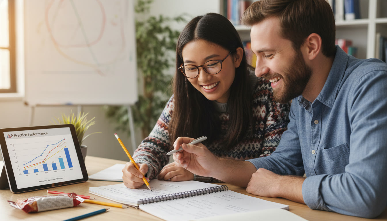 Photo Idea : Close-up of a student and tutor reviewing AP practice problems together, a tablet showing data graphs beside a notebook — conveys hands-on, personalized support and collaborative learning.