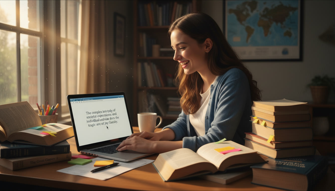 Photo Idea : A student at a desk, surrounded by annotated copies of classic novels, jotting a crisp thesis on a laptop. Warm natural light and a neat stack of sticky notes communicate focus and method.