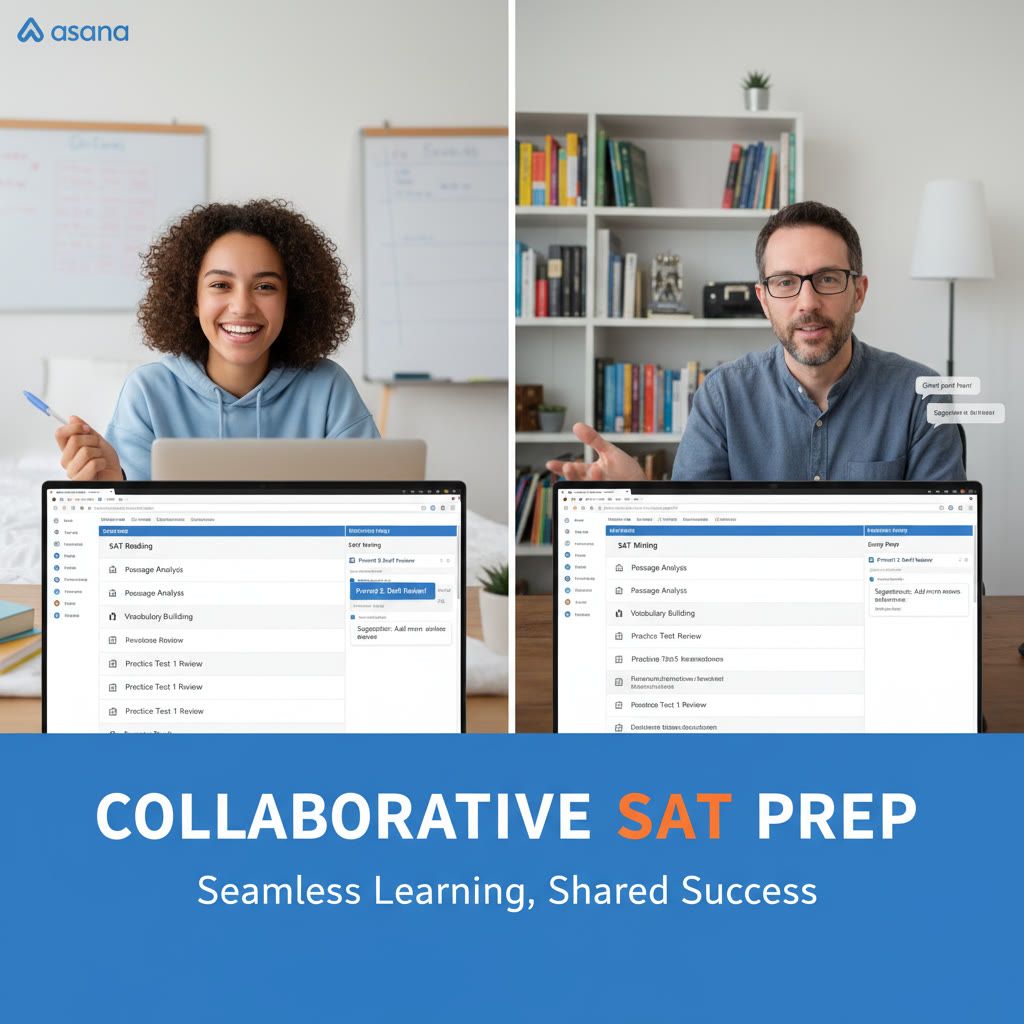 Photo idea: A split-screen of a student and a tutor in a video call, both viewing an Asana project on their screens, demonstrating collaborative review and feedback.