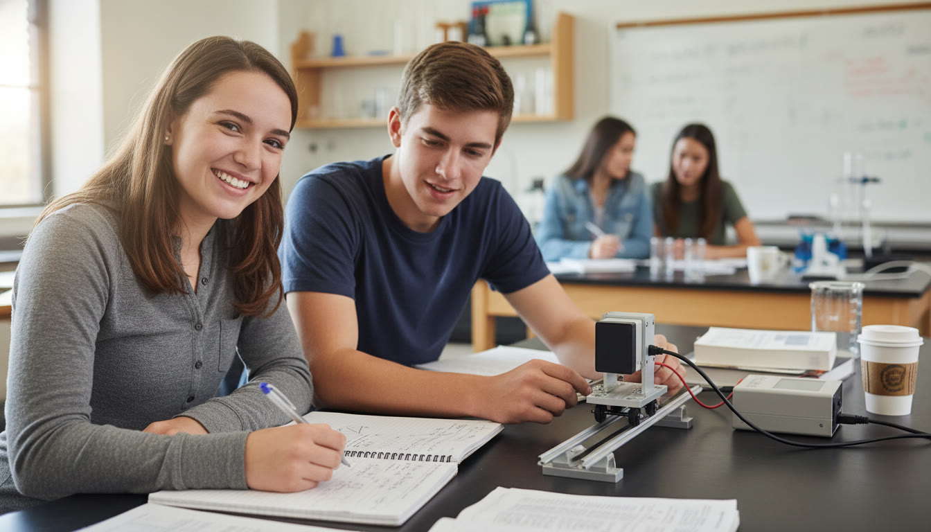 Photo Idea : A bright, candid shot of two high-school students collaborating over a small lab setup (cart on a track with motion sensors), one writing equations while the other adjusts a sensor — natural light, notebooks open, sense of focused teamwork.