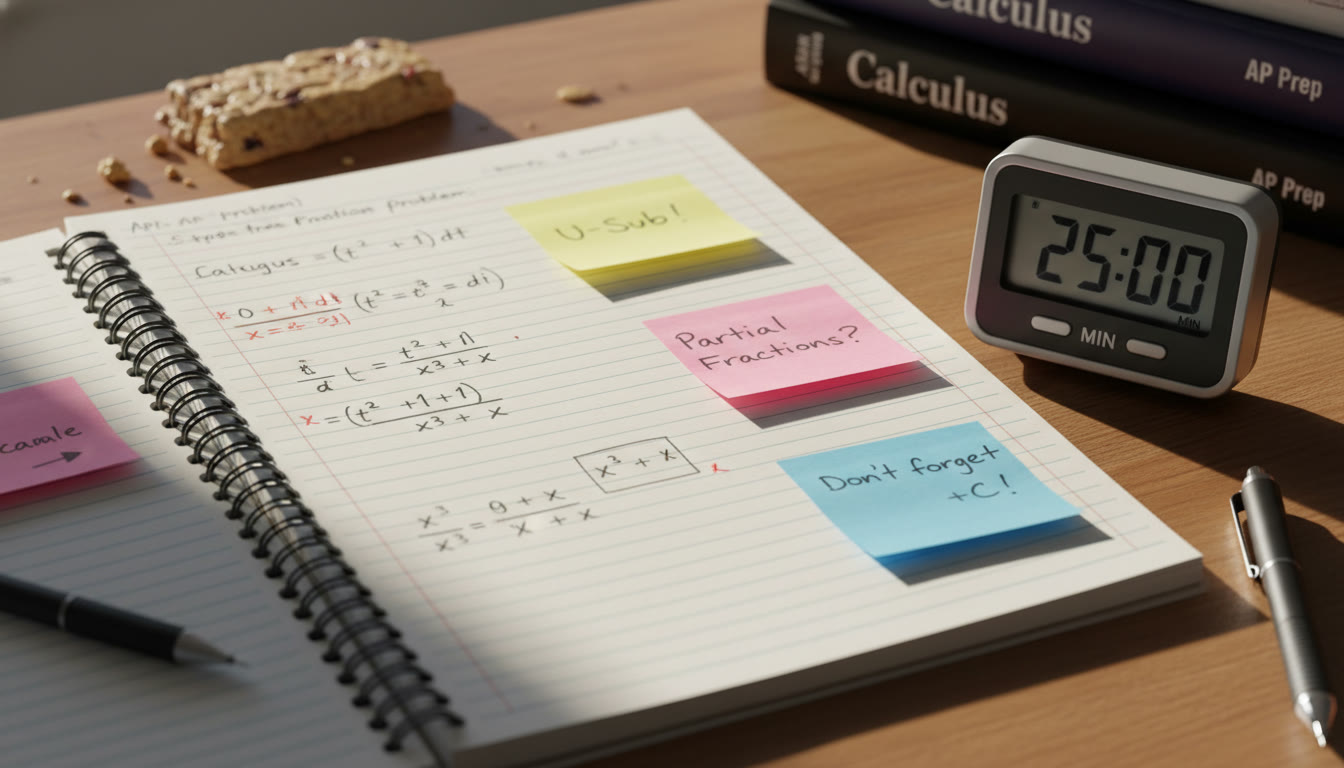 Photo Idea : A high-contrast close-up of a notebook page with a solved AP-style free-response integration problem, sticky notes with quick tips, and a timer showing practice timing — evokes focused exam prep energy.