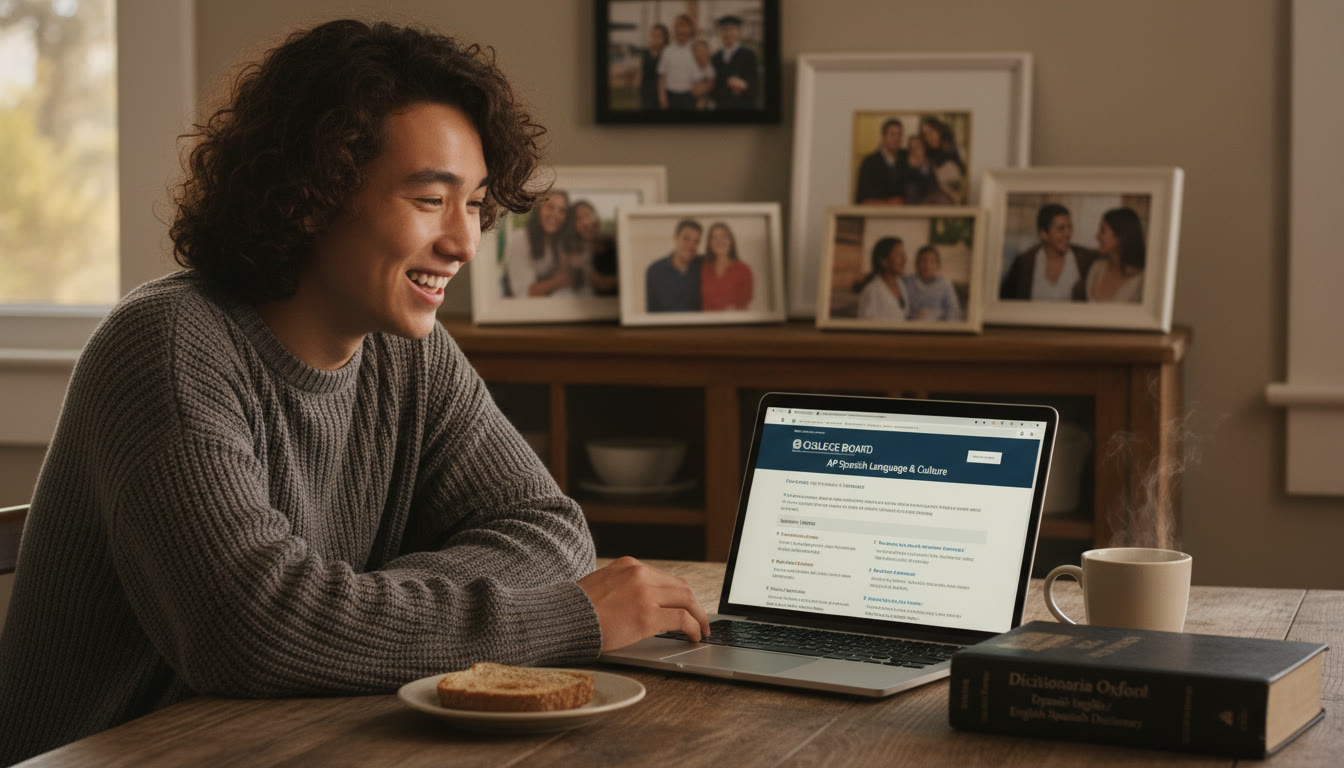 Photo Idea : A warm, candid photo of a student sitting at a kitchen table with a laptop and a bilingual dictionary, a cup of tea, and family photos in the background — signaling real-life bilingual study.