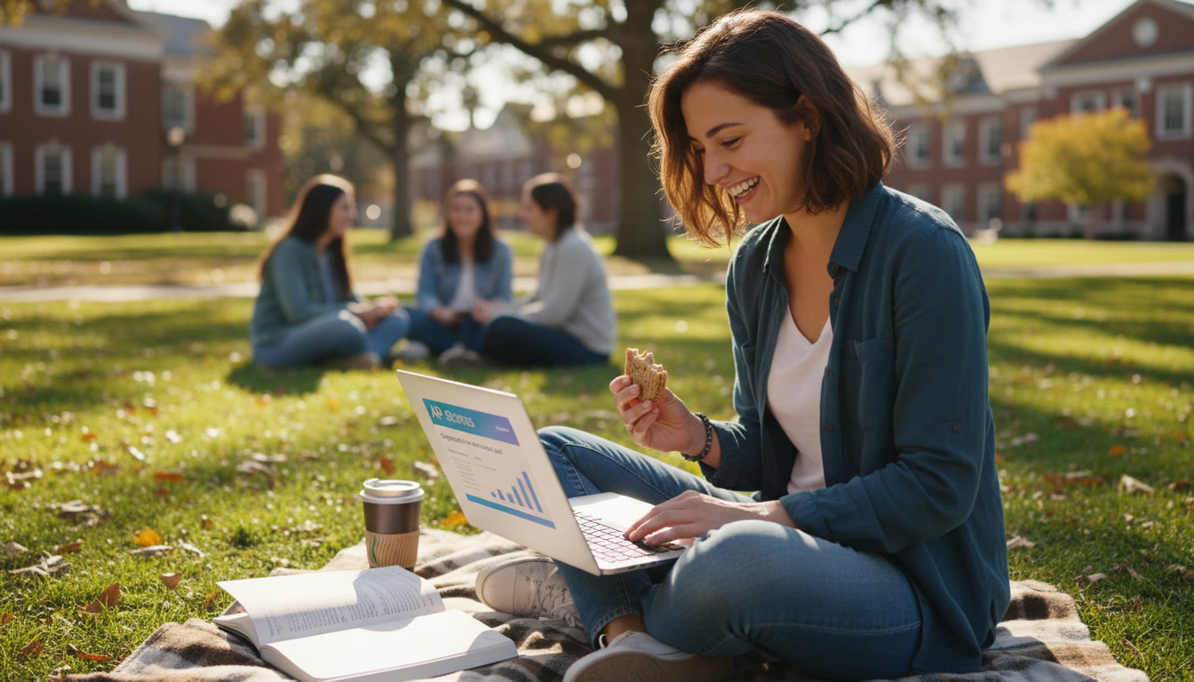Photo Idea : A bright, candid photo of a student on a college quad reading AP exam results on a laptop, surrounded by a notebook and coffee — conveys relief and focus.