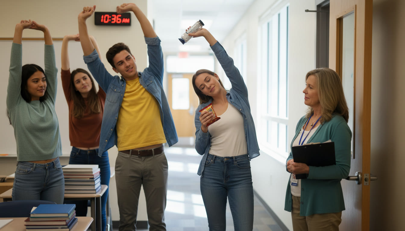Photo Idea : A small group of students exiting a classroom during a supervised break, stretching and chatting quietly, with a proctor visible at the doorway. This conveys the human, supervised nature of scheduled breaks and a moment of collective pause.