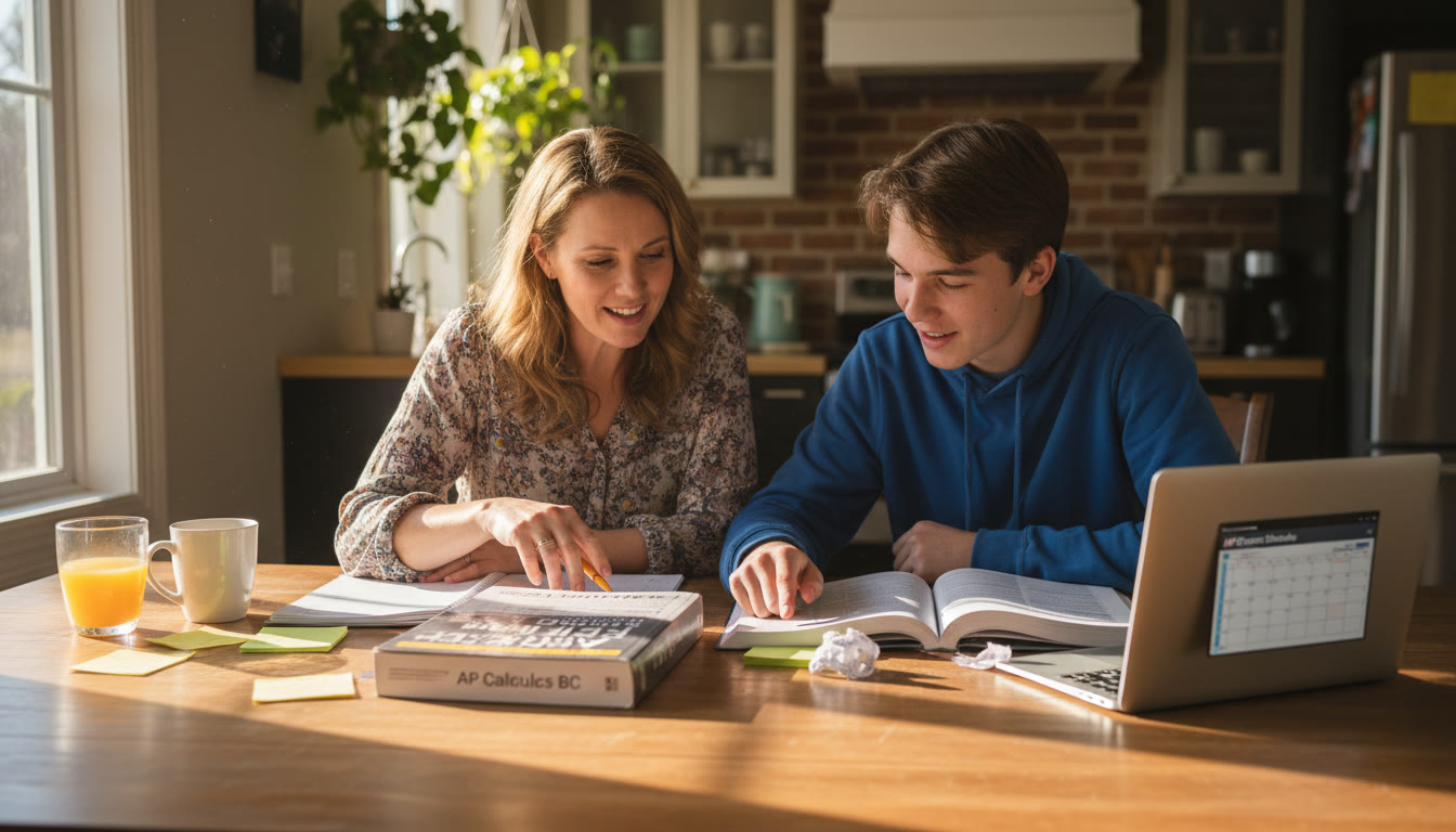 Photo Idea : A warm, candid photo of a parent and teenager at the kitchen table reviewing a plan, AP prep books open, laptop with calendar visible — mood: supportive and focused.