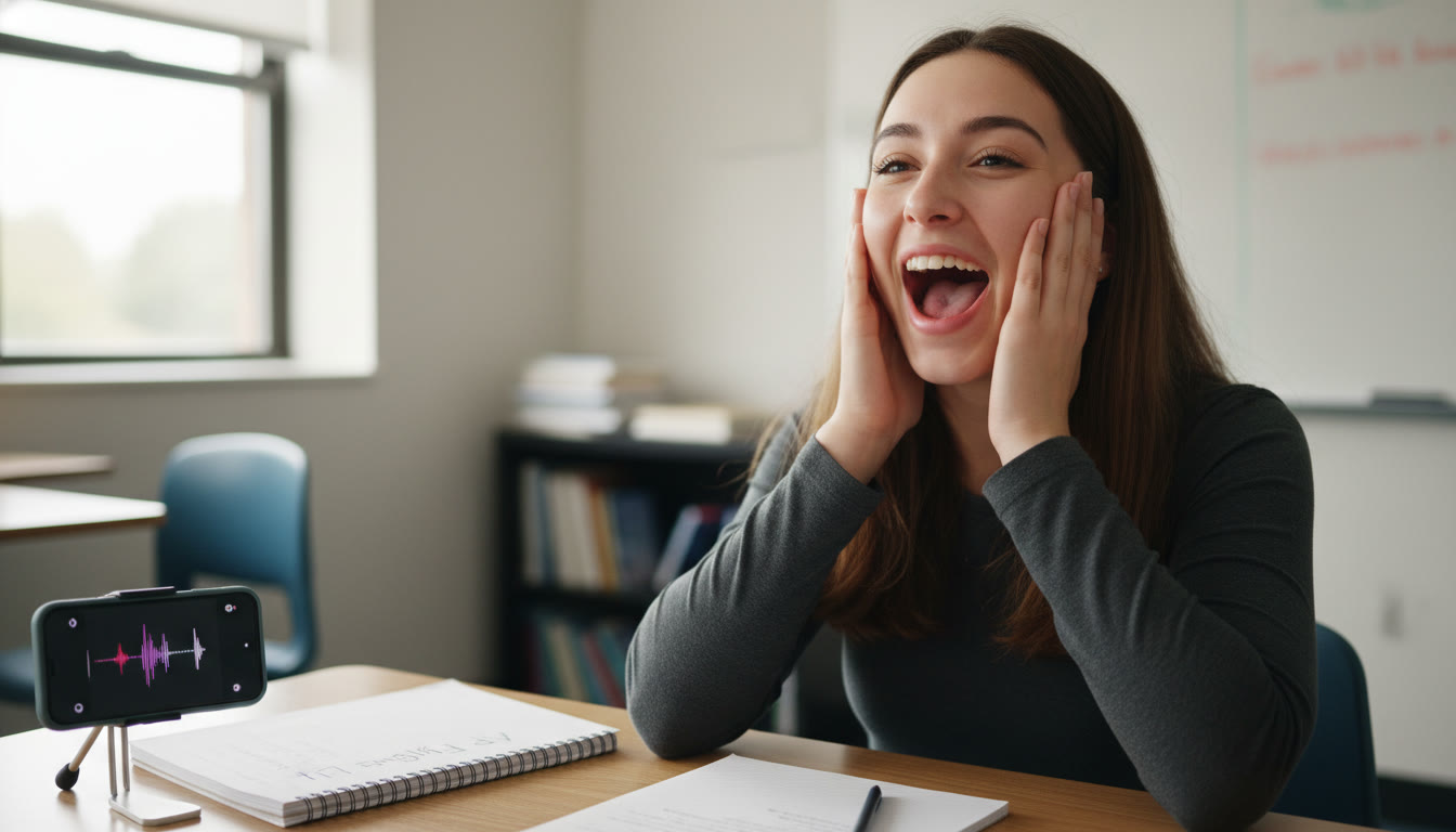 Photo Idea : A close-up of a student doing jaw and lip warm-ups with a notebook and a phone recorder nearby, natural classroom lighting.