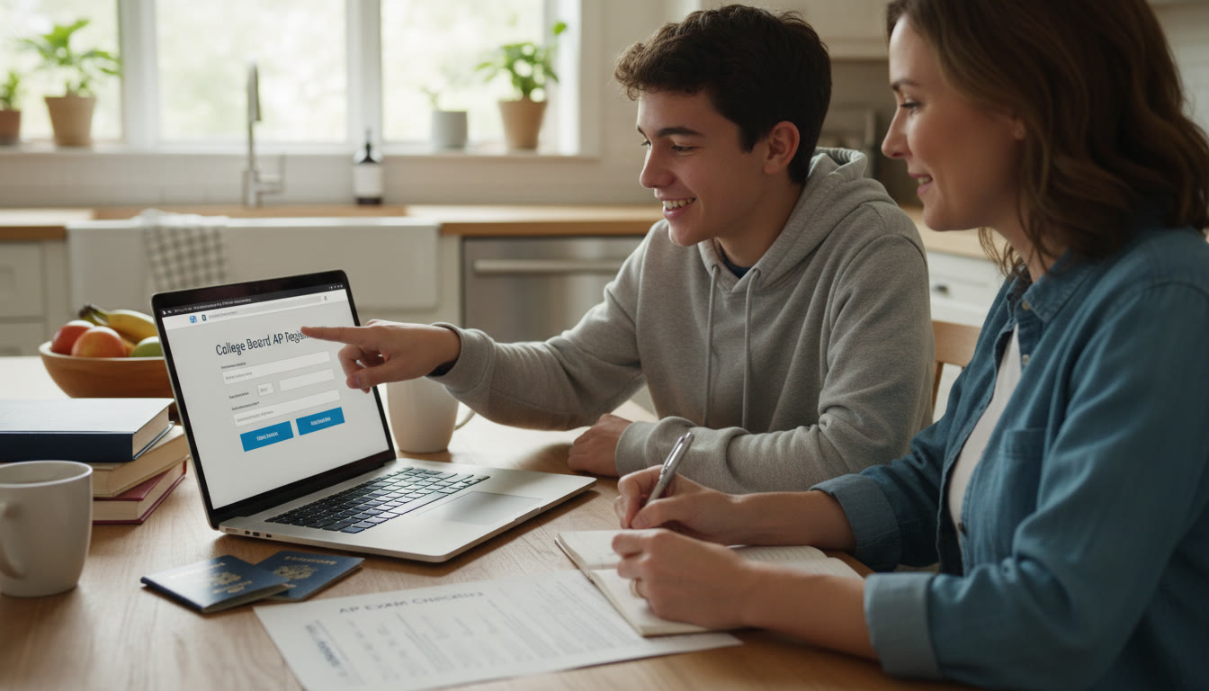 Photo Idea : A calm scene of a parent and teenager at a kitchen table with passports, a laptop showing an AP registration page, and a printed checklist—capturing the collaborative planning vibe.