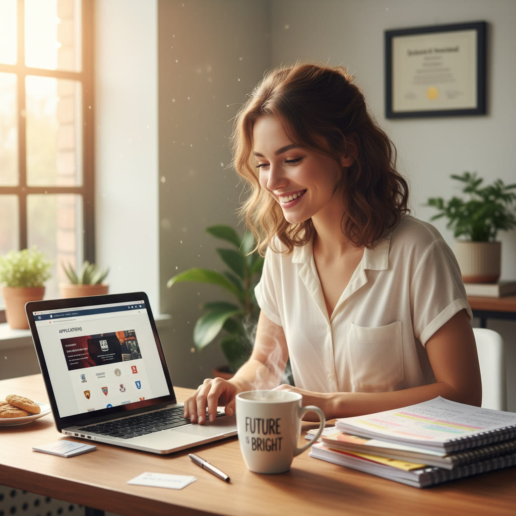 Photo Idea : A hopeful student sitting at a desk with a laptop open to a college admissions portal, notes, and a cup of tea—natural light, calm mood.