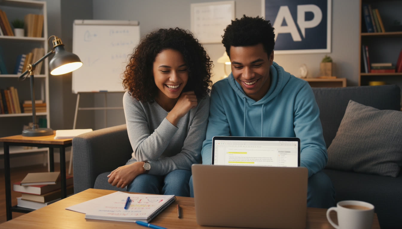 Photo Idea : A tutor and student at a laptop, shoulder-to-shoulder, reviewing an essay. The lighting is warm, and a notebook with handwritten annotations is visible. This image should appear near tips about tutoring and personalized study.